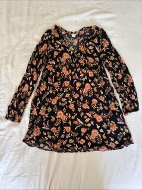 Billabong Black Floral Long Sleeve Mini baby doll Dress - Rust & Cream Flowers